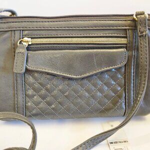 Gray faux leather crossbody purse/wallet, silver tone hardware, many compartment